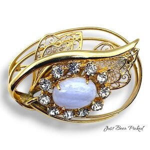 2" Gold Oval Rhinestone Faux Opal Filigree Floral Leaf Brooch Unmarked